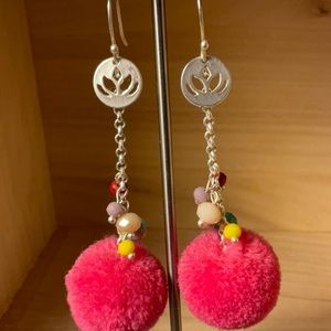 fuchsia pompom beaded French wire statement earrings-3”++ dangle-NWOT